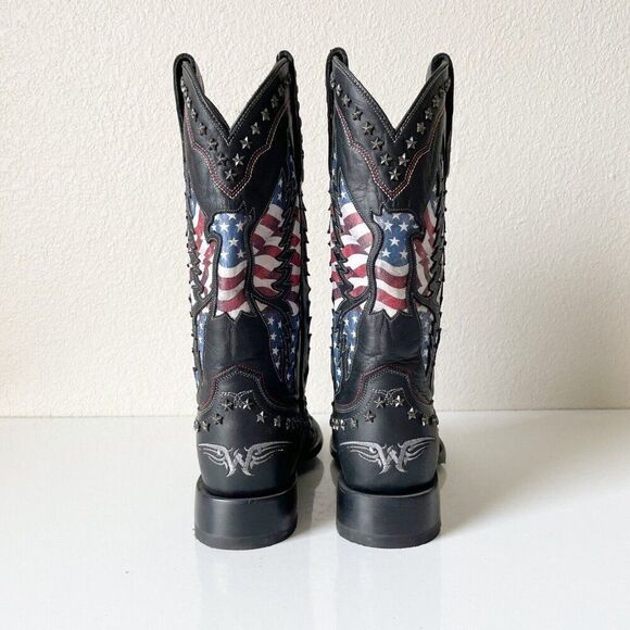 Lane OLD GLORY Mens Cowboy Boots 9 Square Toe Black Leather Biker Boots Western - Picture 4 of 14